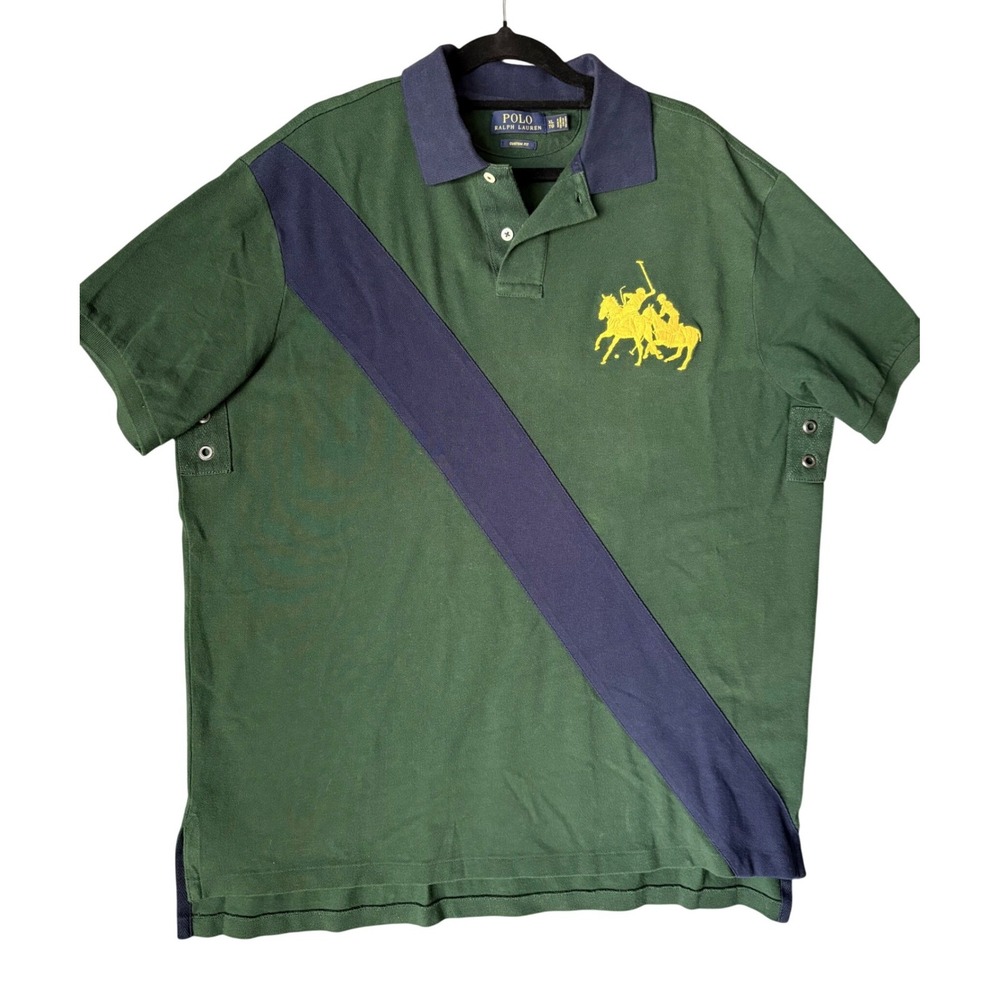Polo Ralph Lauren Mens XL Custom Fit Polo Shirt  Big Double Pony Logo Green/Blue